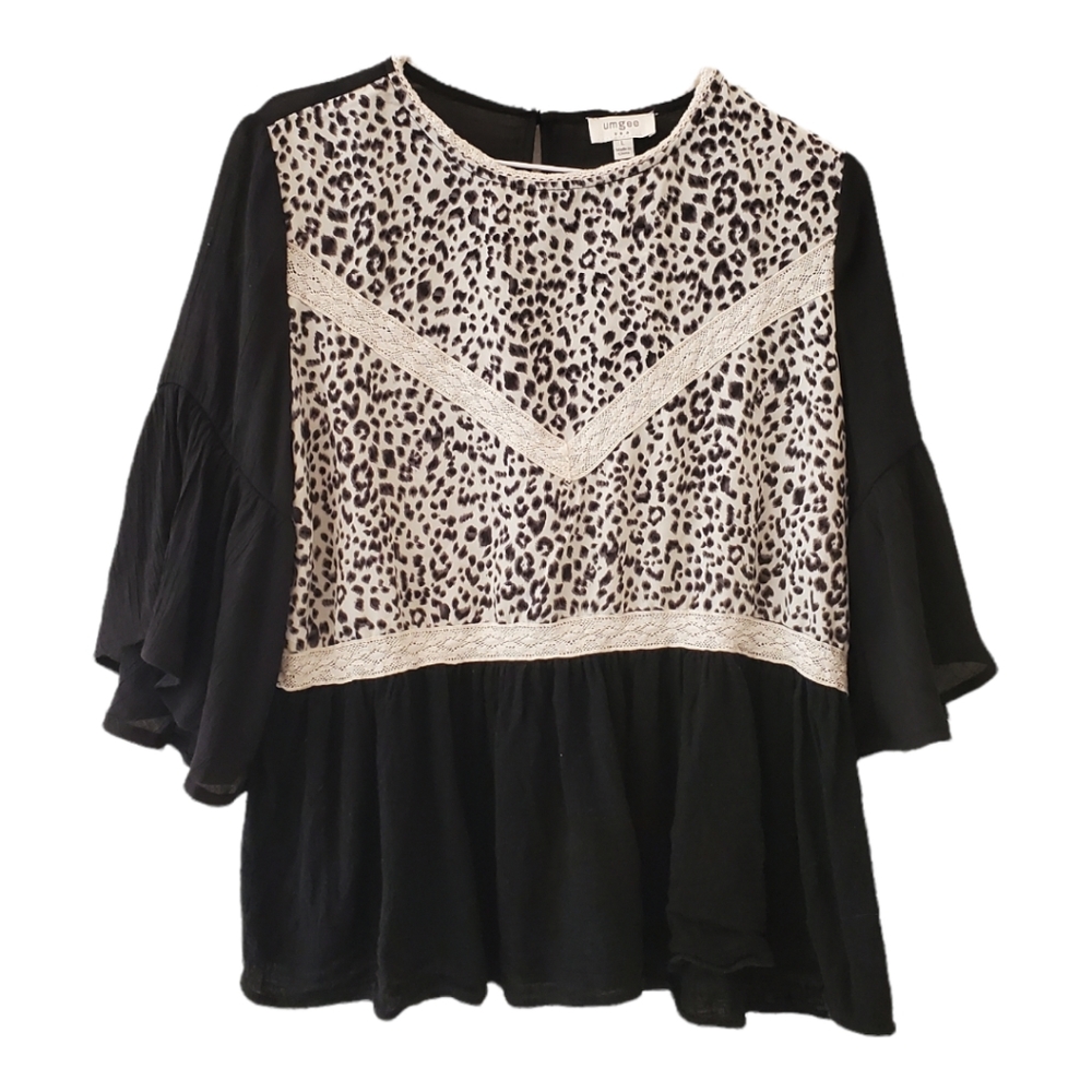Umgee Black and Cream Leopard Print Peasant Blouse